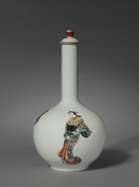 Sake Bottle with Three Figures: Arita Ware, Ko Imari Type, late 1700s. Japan, Edo Period