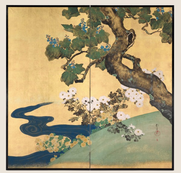 Paulownias and Chrysanthemums, late 1700s-early 1800s. Sakai Hoitsu (Japanese, 1761-1828). Two-fold