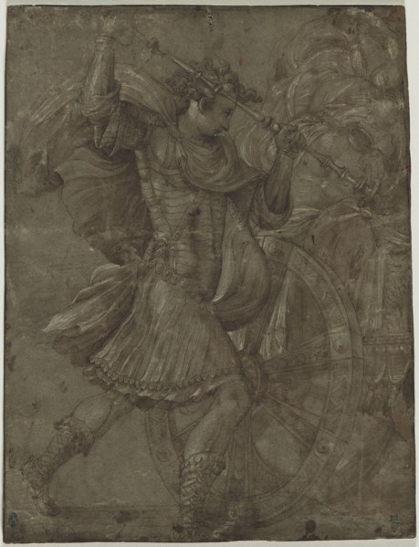 Man in Armor beside a Chariot, c. 1550. Assistant of Francesco Salviati (Italian, 1510-1563). Pen