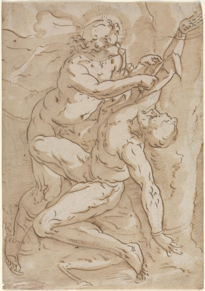 Apollo Flaying Marsyas, 16th century. Anonymous. Pen and brown ink and brown wash over black chalk;