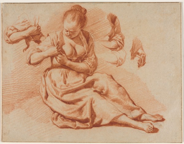 Seated Woman Searching for Fleas, c. 1671. Adriaen van de Velde (Dutch, 1636-1672). Red chalk over