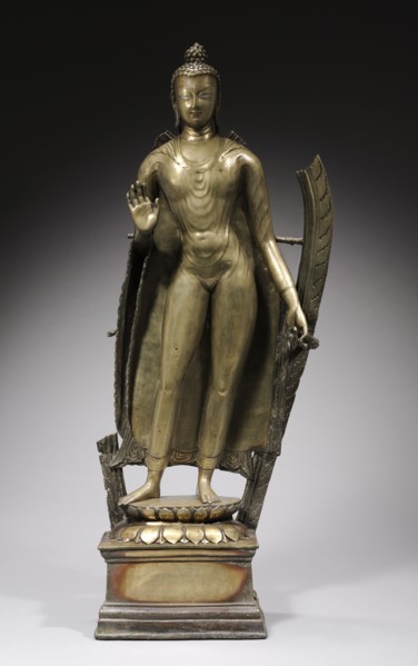 Standing Buddha, c. 900. India, Kashmir, late 10th-early 11th century. Brass with silver and copper