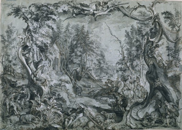 Saint Deicolus and the Boar, 1747-1748. Johann Wolfgang Baumgartner (German, 1712-1761). Pen and
