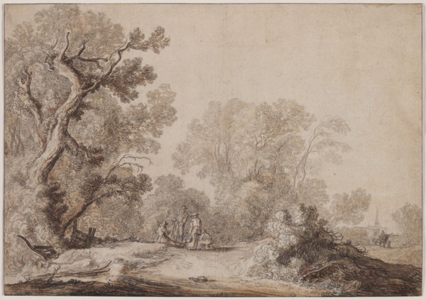 Peasants at the Edge of a Wood, c. 1630. Jacob van Mosscher (Dutch, 1655). Black chalk and brush