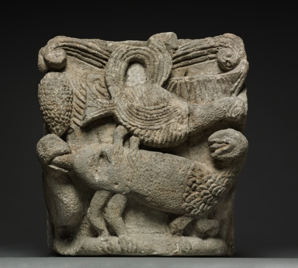 Engaged Capital with a Fantastic Creature and Three Birds, early 1100s. Western France, Bordelais,