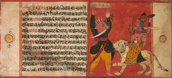 Devi Attacking a Demon, c. 1630. India, Rajasthan, Possibly Sirohi, 17th century. Color on paper;