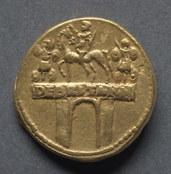 Aureus (reverse), 47-48. England, Roman, Claudius I, 41-54 A.D.. Gold; diameter: 2 cm (13/16 in.)