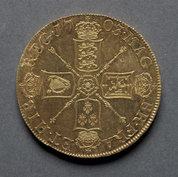 Five Guineas (reverse), 1703. England, Anne, 1702-1714. Gold