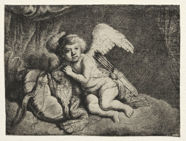 Cupid Resting, 1600s. After Rembrandt van Rijn (Dutch, 1606-1669). Etching and drypoint