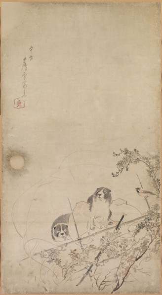 Puppies, Sparrows and Chrysanthemums, 1754-1799. Nagasawa Rosetsu (Japanese, 1754-1799). Fusuma