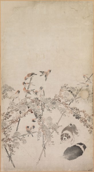 Puppies, Sparrows and Chrysanthemums, 1754-1799. Nagasawa Rosetsu (Japanese, 1754-1799). Fusuma