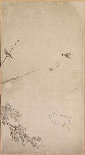 Puppies, Sparrows and Chrysanthemums, 1754-1799. Nagasawa Rosetsu (Japanese, 1754-1799). Fusuma