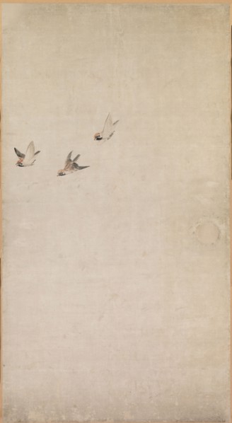 Puppies, Sparrows and Chrysanthemums, 1754-1799. Nagasawa Rosetsu (Japanese, 1754-1799). Fusuma