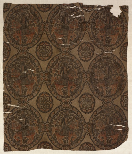 Fragment with Equestrian Falconer King, 800s. Iran or Iraq, Abbasid period, 9th century. Lampas
