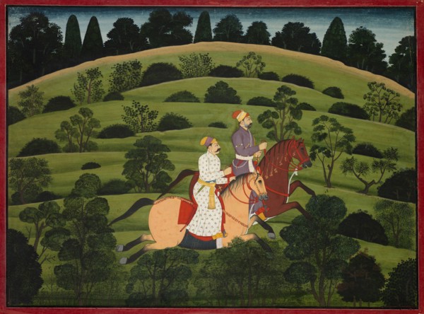 Akrura Rides Toward Dwarka, page from the large Basohli Bhagavata Purana, c. 1760-1765. India,