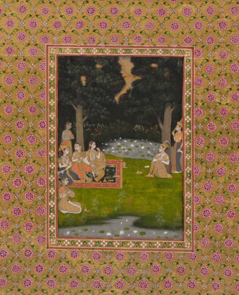 Princely ascetic in the forest visited by ladies, c. 1760. Opaque watercolor and gold on paper;