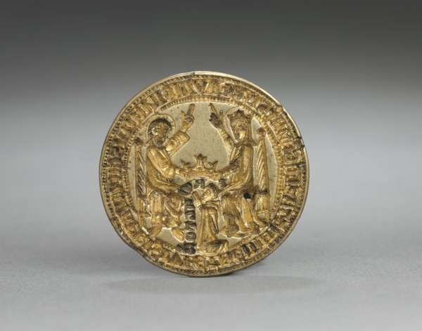 Almond-Shaped Seal: Coronation of the Virgin with a Kneeling Monk, 1300-1400. England or Germany,
