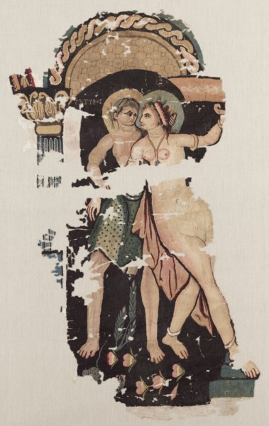 Fragment with Satyr and Maenad, 300s. Egypt, Byzantine period, 4th century. Undyed linen and dyed