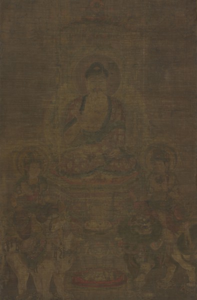 Shakyamuni Triad:  Buddha Attended by Manjushri and Samantabhadra, c. 900. China, Tang dynasty
