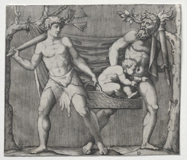 Two Fauns Carrying a Child in a Basket, c. 1513-1515. Marcantonio Raimondi (Italian,
