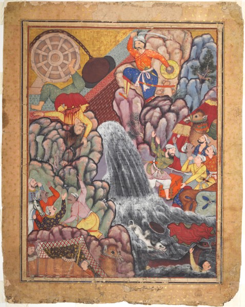 Alamshah cleaving asunder the chain of the wheel, from volume 11 of a Hamza-nama (Adventures of