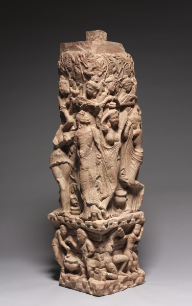 Corner Railing Pillar with Drinking Scenes, Yakshis, and Musicians, 100s. India, Mathura, Kushan