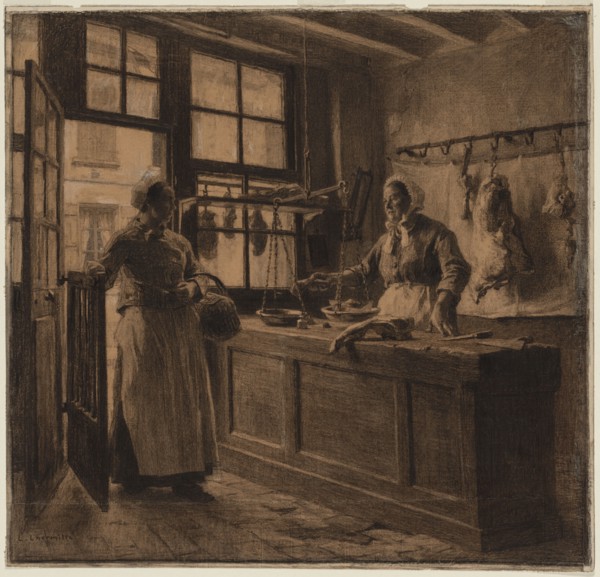 Interior of a Butcher Shop, c. 1881. Léon Augustin Lhermitte (French, 1844-1925). Charcoal and