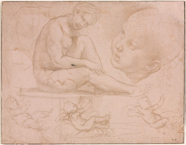 Studies of a Seated Female, Child's Head, and Three Studies of a Baby, c. 1507-1508. Raphael