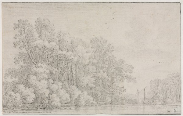 River Landscape, c. 1650?. Simon de Vlieger (Dutch, 1601-1653). Black chalk; framing lines in black