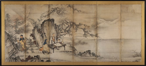 The Four Accomplishments, late 1500s. Attributed to Kano Shoei (Japanese, 1519-1592). Six-panel