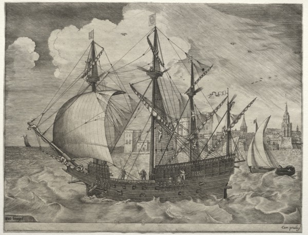 Sailing Vessels: Armed Four-Master Putting Out to Sea, 1561-65. After Pieter Bruegel (Flemish,