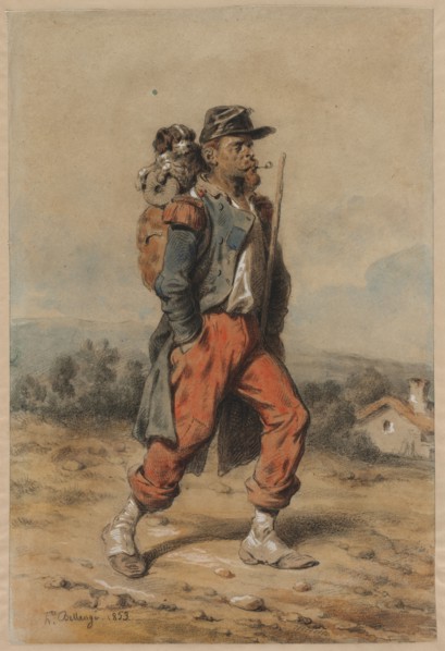 Soldier with Dog, 1853. Joseph-Louis-Hippolyte Bellangé (French, 1800-1866). Black chalk and