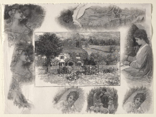 Landscape with Cottage and Cows Surrounded by Various Sketches. Henry Wolf (American, 1852-1916).
