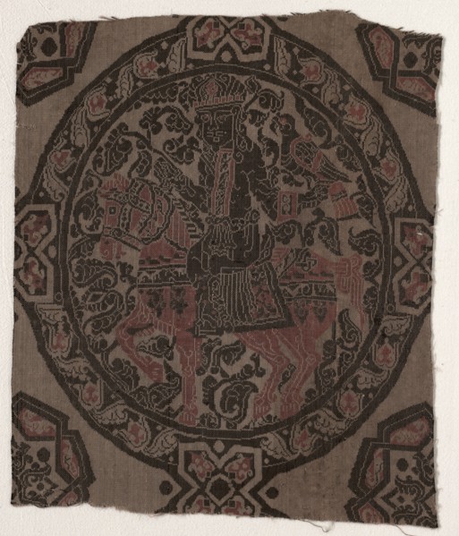 Fragment with Equestrian Falconer King, 800s. Iran or Iraq, Abbasid period, 9th century. Lampas