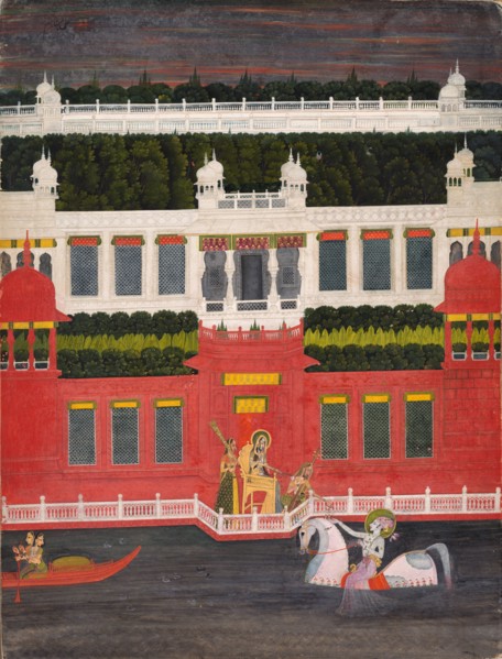 Krishna Receives a Flower Garland, c. 1750-1760. Sitaram (Indian). Ink and color on paper; image: