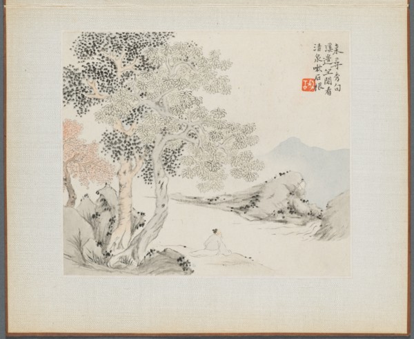 Album of Landscape Paintings Illustrating Old Poems:  Three Big Trees, a Stream with an Old Man