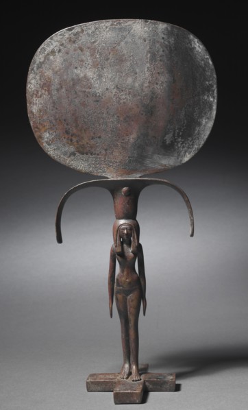 Caryatid Mirror, c. 1540-1296 BC. Egypt, New Kingdom, Dynasty 18. Bronze with black copper inlay?;