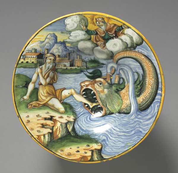 Plate Depicting Jonah, late 1500s. France, Lyon, 16th century. Tin-glazed earthenware (maiolica);