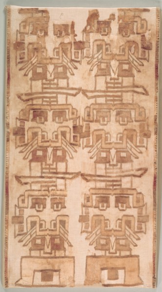 Two Textile Fragment with Fanged Heads, 500-200 BC. Peru, South Coast, Ica Valley, Chavin style