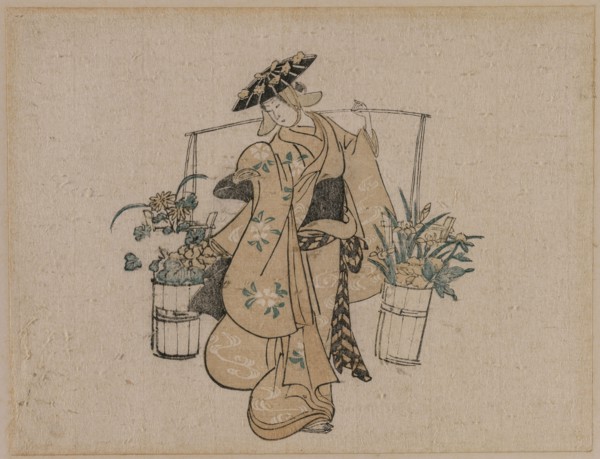 A Beauty Carrying Two Buckets of Flowers, c. 1696-1716. Style of Torii Kiyomasu (Japanese). Color