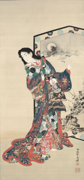Beauty Before a Screen, 1800s. Kawanabe Kyosai (Japanese, 1831-1889). Hanging scroll, ink and color