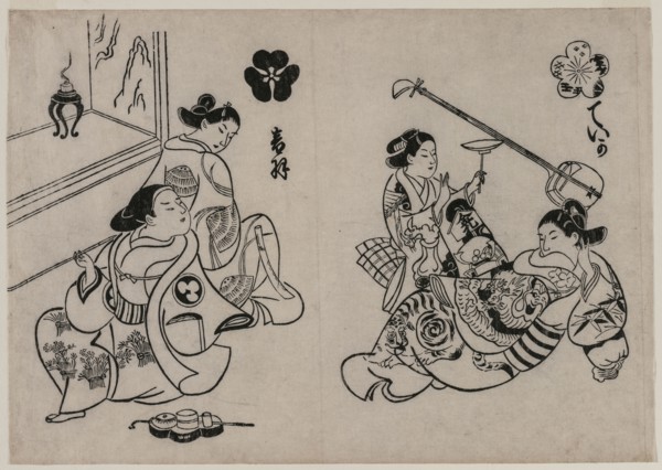 Three Courtesans with a Client. Okumura Masanobu (Japanese, 1686-1764). Color woodblock print;