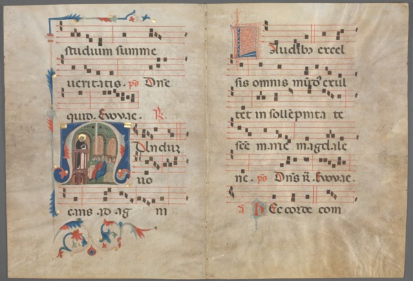 Bifolium from an Antiphonary: Initial M with Saint Dominic Preaching, c. 1320-1340. Primo Miniatore