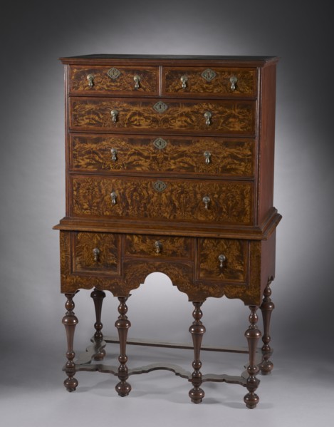 Highboy, 1700-1720. America, Massachusetts, William and Mary style, 18th century. Burled maple