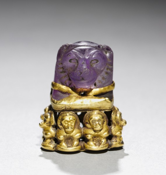 Pendant, c. 700 BC. Sudan, Napatan; lion's head component, Egypt, probably New Kingdom, Late