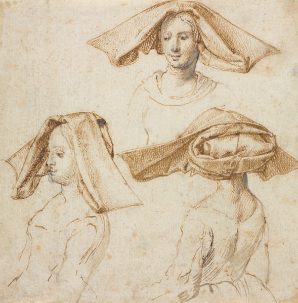 Three Studies of a Woman Wearing an Elaborate Headdress, c. 1500. Anonymous, retouched by Peter