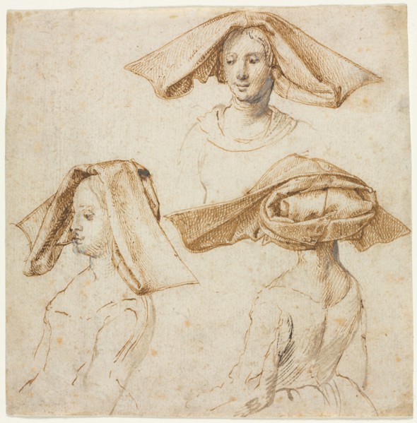 Three Studies of a Woman Wearing an Elaborate Headdress, c. 1500. Anonymous, retouched by Peter