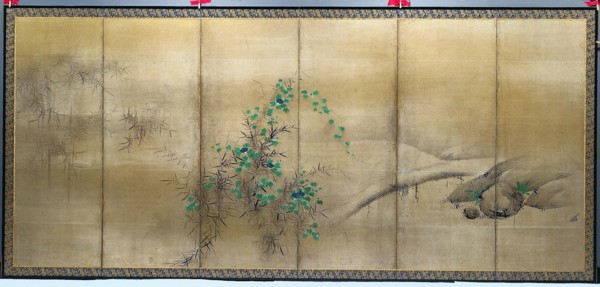Bamboo and Morning Glories, c. 1600. Yusho Kaiho (Japanese, 1533-1615). Pair of six-fold screens,
