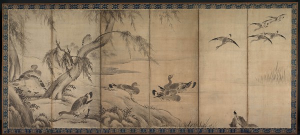 Wild Geese, late 1500s-early 1600s. Kano Sanraku (Japanese, 1559-1635). Pair of six-fold screens;