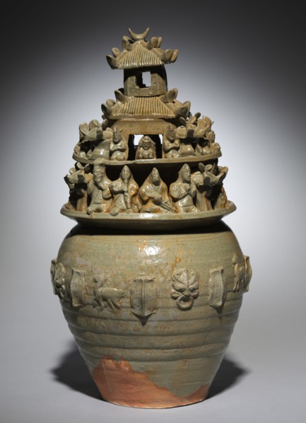 Funerary Urn (Hunping), late 200s. China, Western Jin dynasty (265-316). Green-glazed stoneware